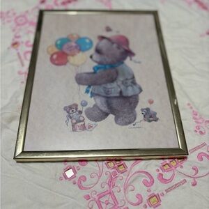 Vintage Bear Art Print with Balloons - Multicolor
